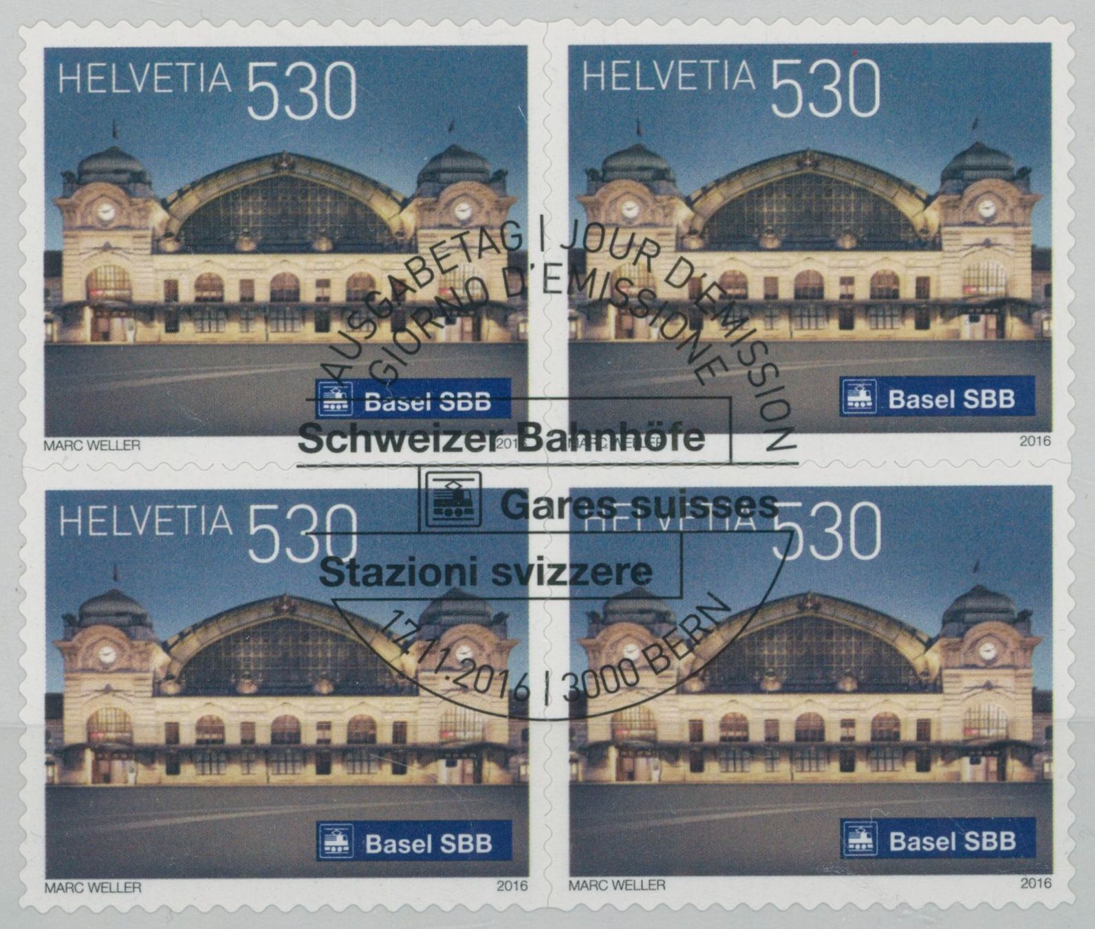 Alle Briefmarken: 2016 - Bahnhöfe II - Viererblock - Ersttag Stempel ET – Gebraucht aus Schindellegi von leecollect