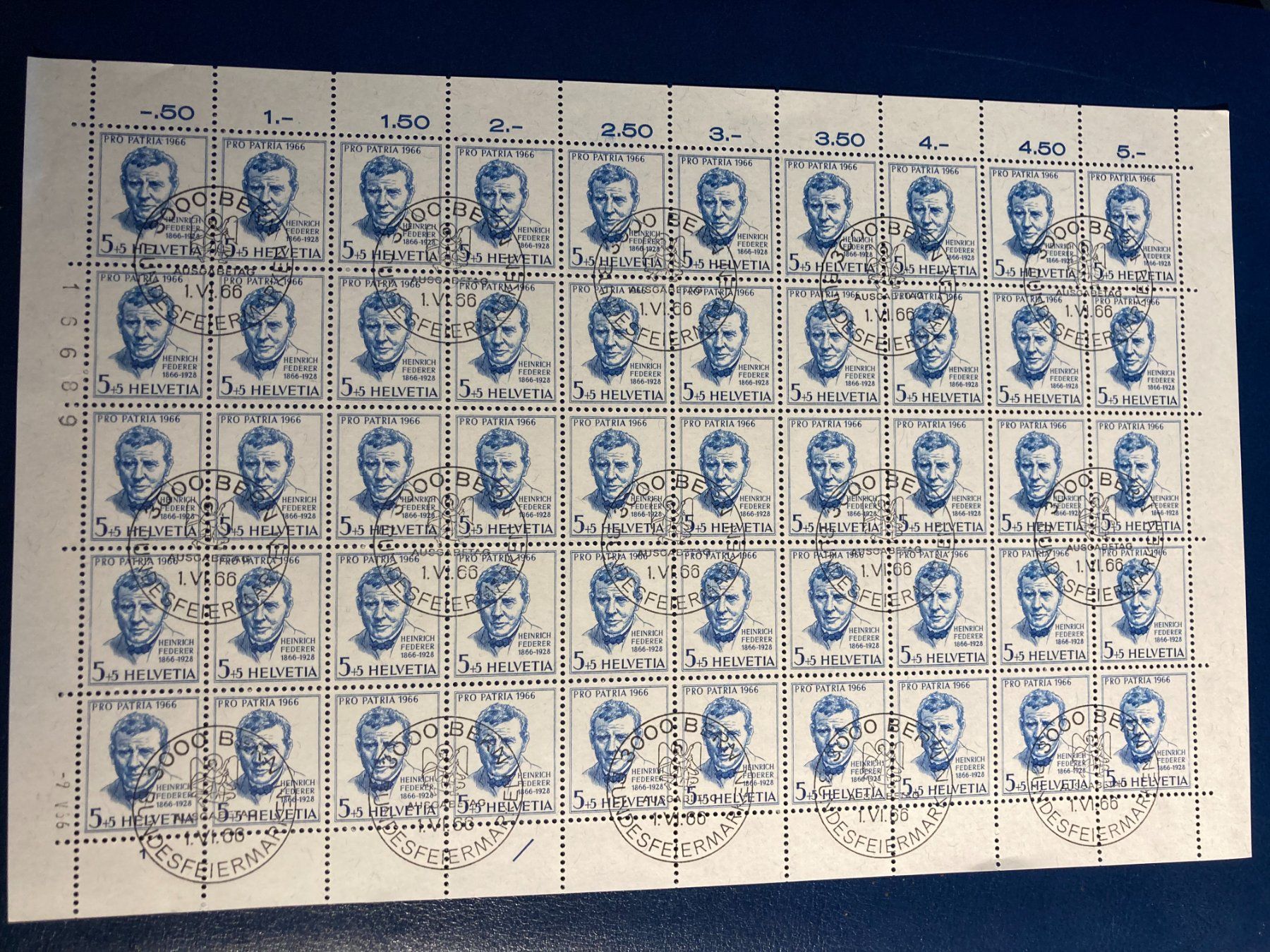 Alle Briefmarken: Schweiz 1966 Bogen Pro Patria 5+5Rp 1.Tag Bern – Gebraucht aus Winterthur von schnueps
