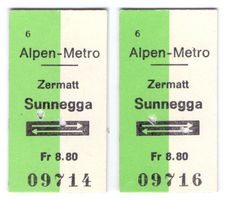Billette Zermatt - Sunnegga Alpen Metro 2 Billlettes