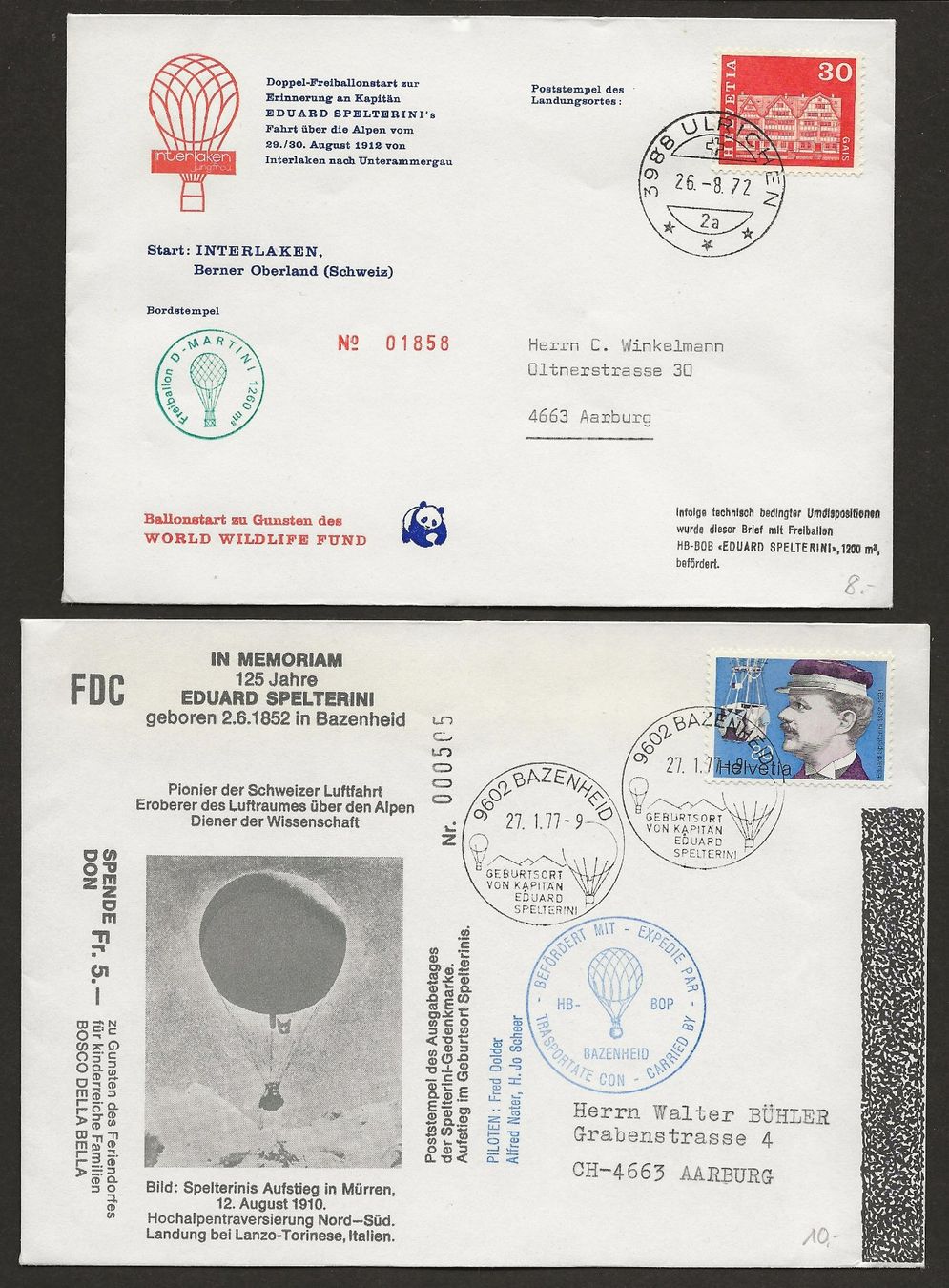 Tutti i francobolli: 2 x Ballon Flugpost 1972 Ballonpost SPELTERINI Ulrichen – Usato da Müswangen venduto da buyin
