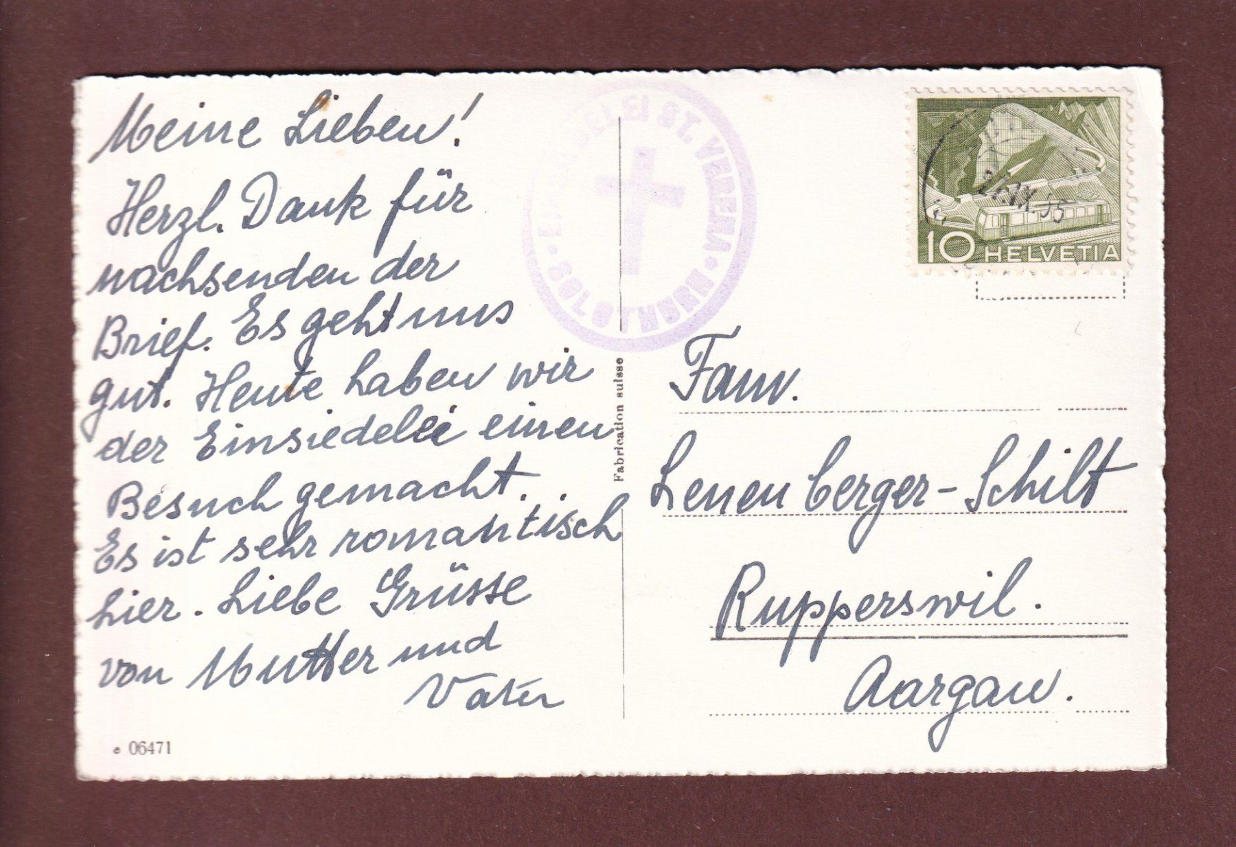 Cartoline postali: Solothurn - Einsiedelei ST. VERENA - 1955 // Eckbug // – Usato da Pully venduto da nicecards 1