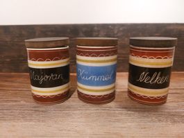 Vintage Gewürzgläser Set, Keramik, Holzdeckel, guter Zustand