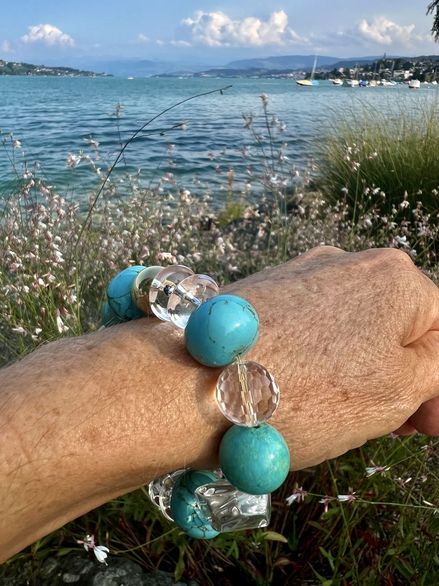 Bracciali & Braccialetti: Turquoise & Rock Crystal Bracelet Gold Plated – Nuovo e nell'imballaggio originale da Rüschlikon venduto da ThereseJewelryDesign 3