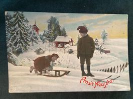 Alte AK Prosit Neujahr Kinder Winter Schlitten Motivkarte