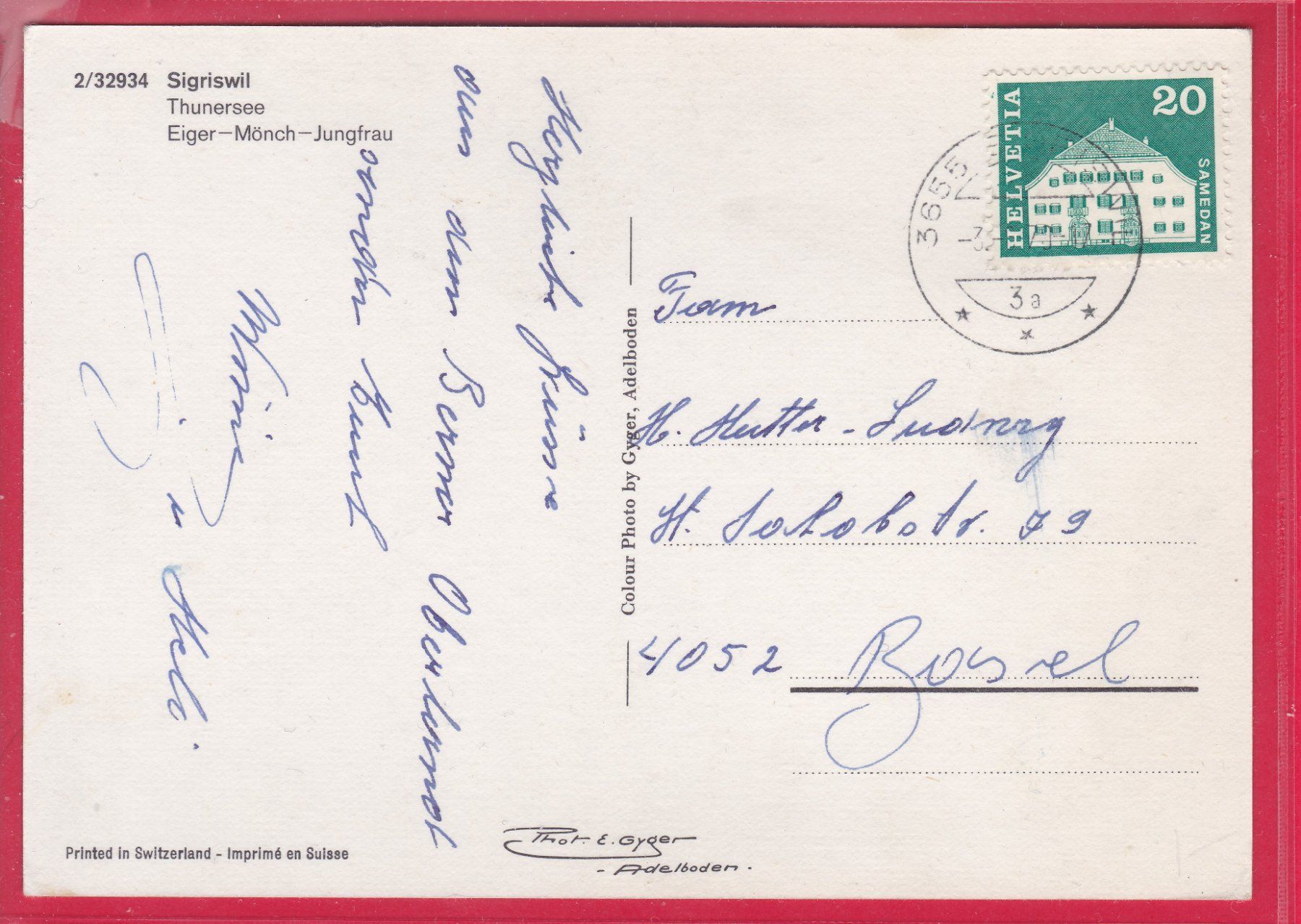 Cartoline postali: SIGRISWIL, THUNERSEE, EIGER-MÖNCH-JUNGFRAU, 3.8.1970 – Usato da Oberrieden venduto da Gebirgsstelze 1