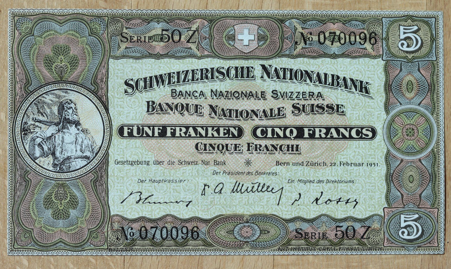 Banconote: 5 Franken Note Wilhelm Tell 1951 – Usato da Rheinfelden venduto da Fitscherella