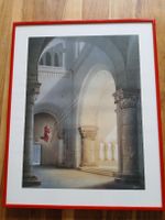 Framed art print of a figure swinging in an interior.