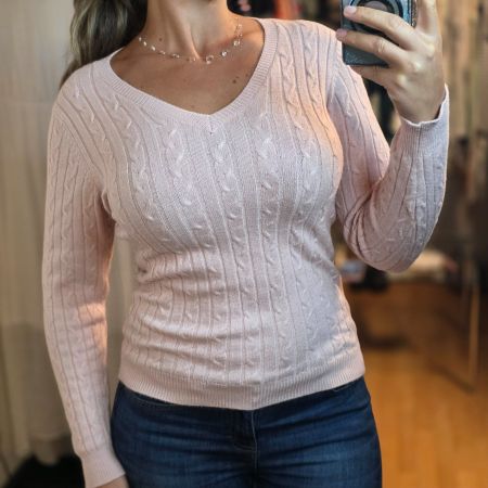 Damen Zopfmuster Pullover Gr. M Rosa V-Ausschnitt