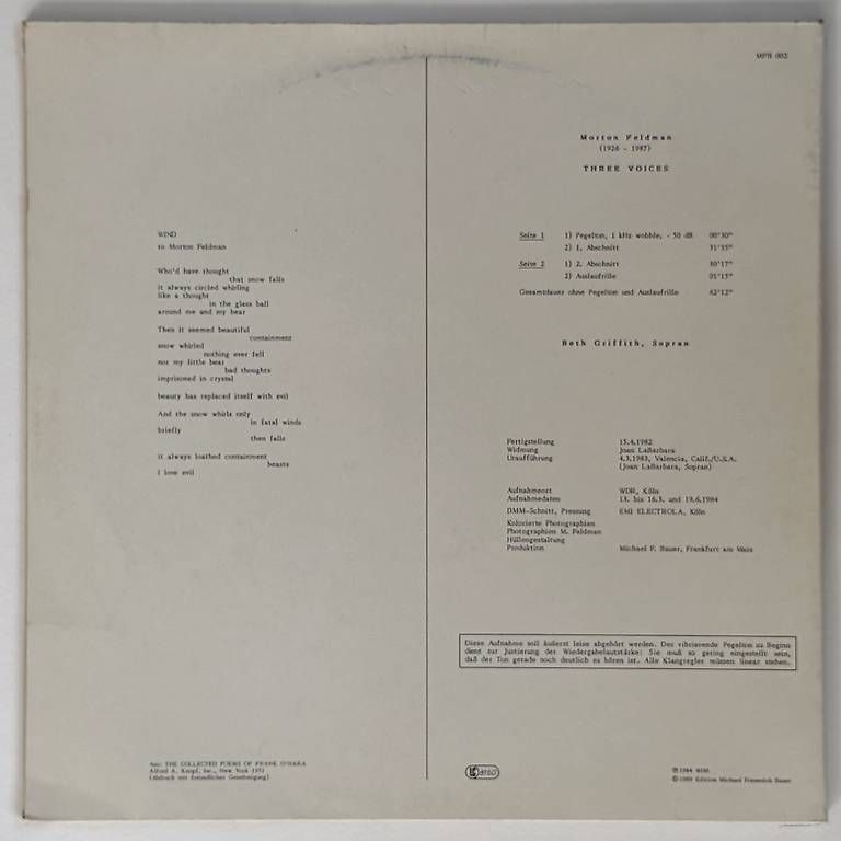 Dischi in vinile: Morton Feldman / Beth Griffith  Three Voices – Usato da Basel venduto da dietschy77 1