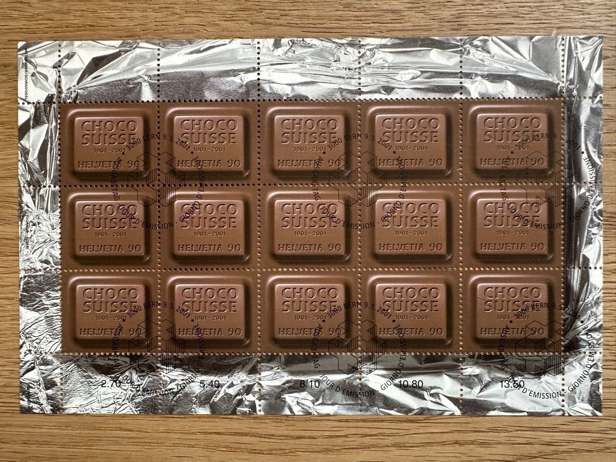 Tutti i francobolli: Schweiz - 2001 CHOCO SUISSE Kleinbogen mit ET Stempel – Usato da Schmitten / FR venduto da Samsara169