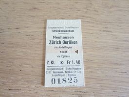 Billett Streckenwechsel Neuhausen-Zürich Oerlikon, gestempel