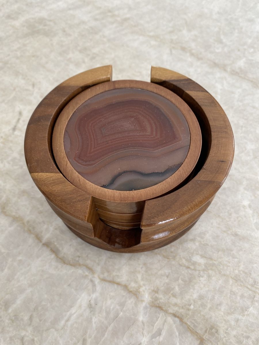 Untersetzer: 6 Dessous de verre en agate et bois avec support – Gebraucht aus Gland von