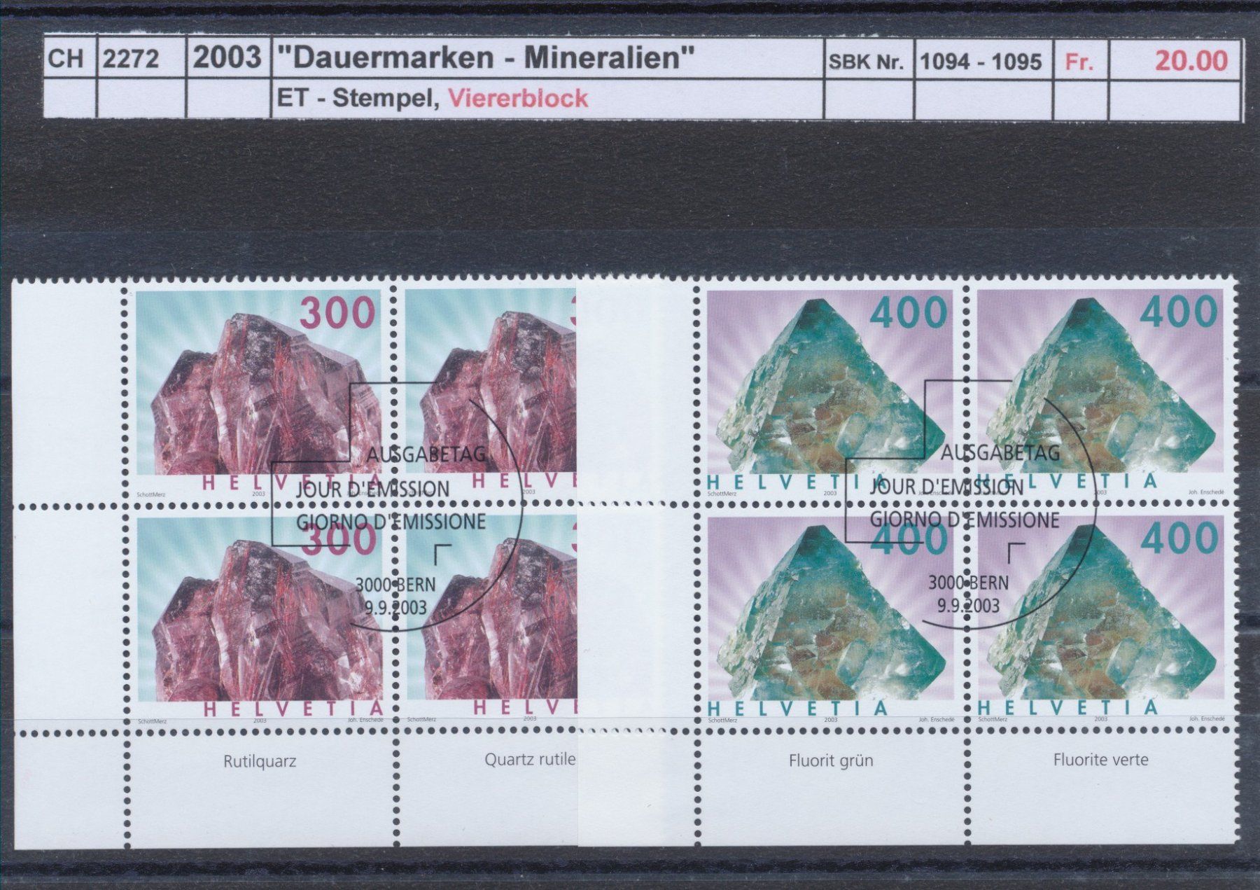 Tutti i francobolli: 2003 "Mineralien" - Viererblock, ET - Stempel – Usato da Winterthur venduto da Zupogeru