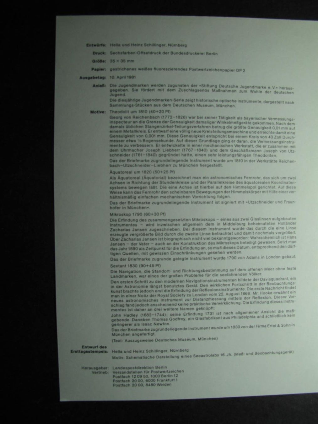 Tutti i francobolli: Berlin 1981 /05 Optische Instrumente Ersttagesblatt – Usato da Wil SG venduto da fva01 1
