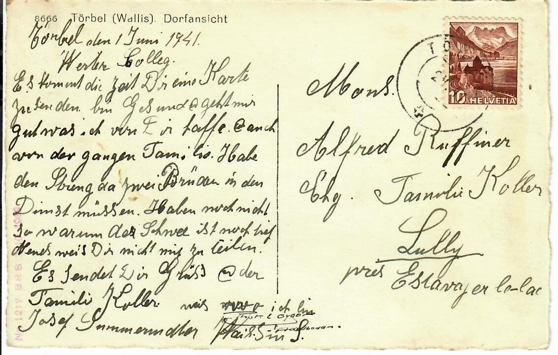 Ansichtskarten: Törbel - Wallis  1941 – Gebraucht aus Hochdorf von Ziegel-16 1
