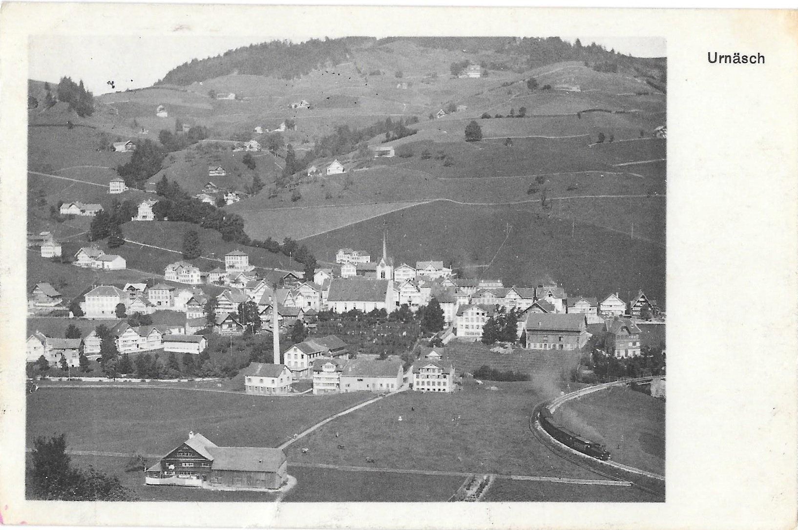 Cartoline postali: Urnäsch Ansicht mit Dampfzug – Usato da Olten venduto da clotaldi