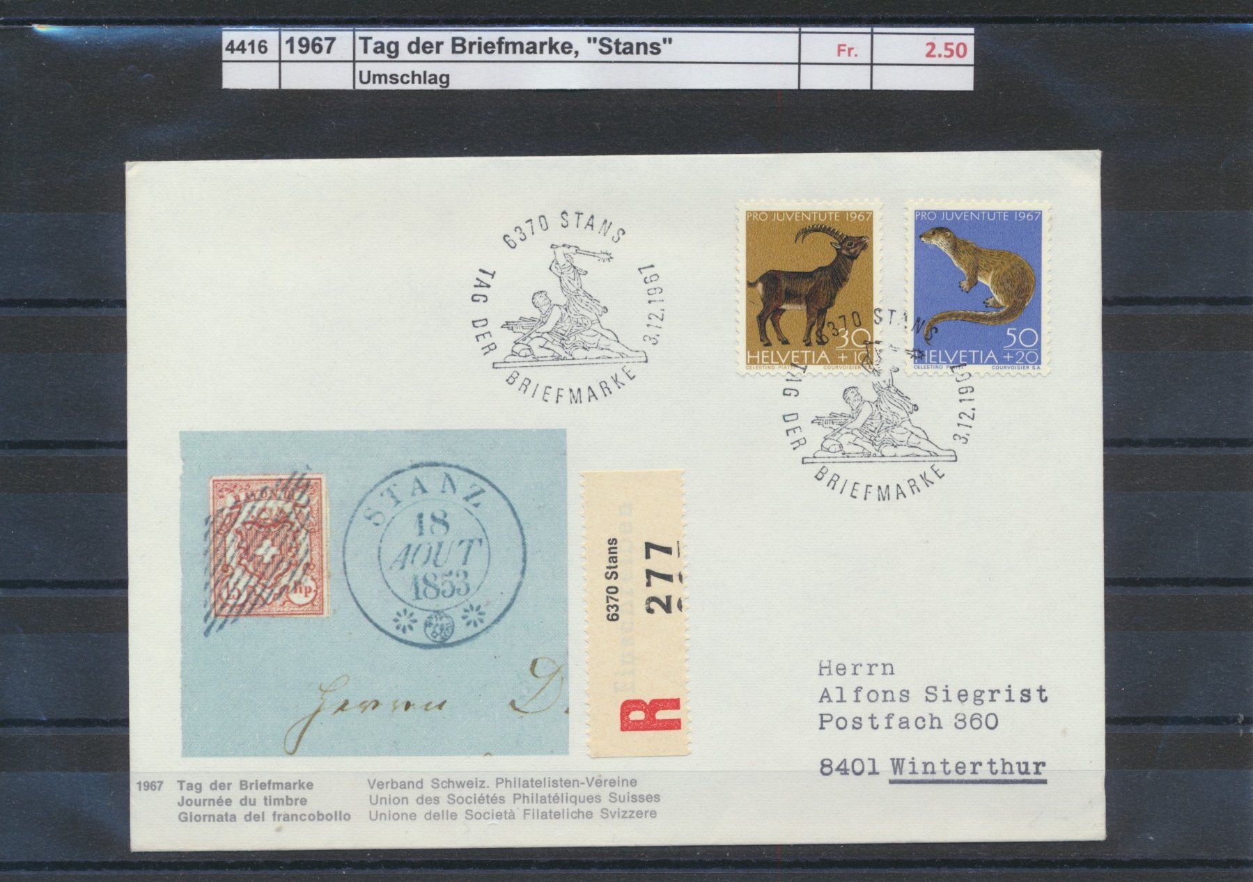 Tutti i francobolli: 1967 Tag der Briefmarke, "Stans", Umschlag – Usato da Winterthur venduto da Zupogeru