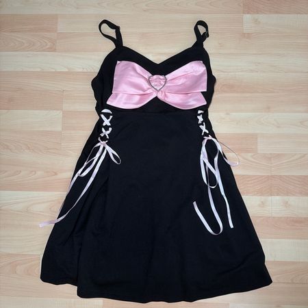 Black Mini Dress with Pink Bow Detail, Size Small