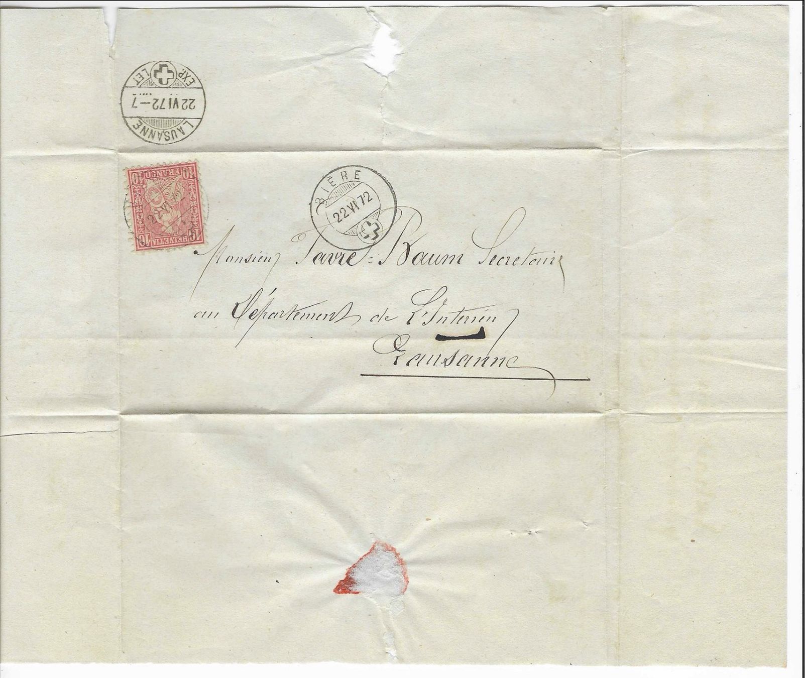 Tutti i francobolli: Faltbrief - Biere - Lausanne - 1872 – Usato da Lungern venduto da Strubel-Peter 1