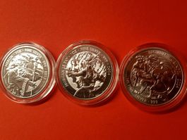 3 x 1 UNZE OZ SILBER Myths & Legends Merlin Morgan Beowulf