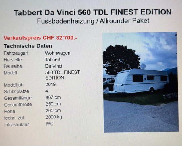 Tabbert Camping Fahrzeuge: Wohnwagen / Tabbert Da Vinci 560 TDL – Gebraucht aus Klosters von tschuegge68 1