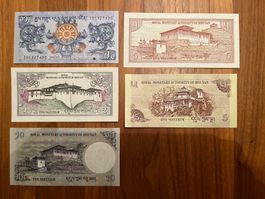 Bhutan 5 Banknoten set Bankfrisch
