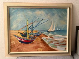 Ölgemälde Boote am Strand mit Segelschiffen