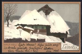 Steindruck-AK Wald Heil, verschneites Ha