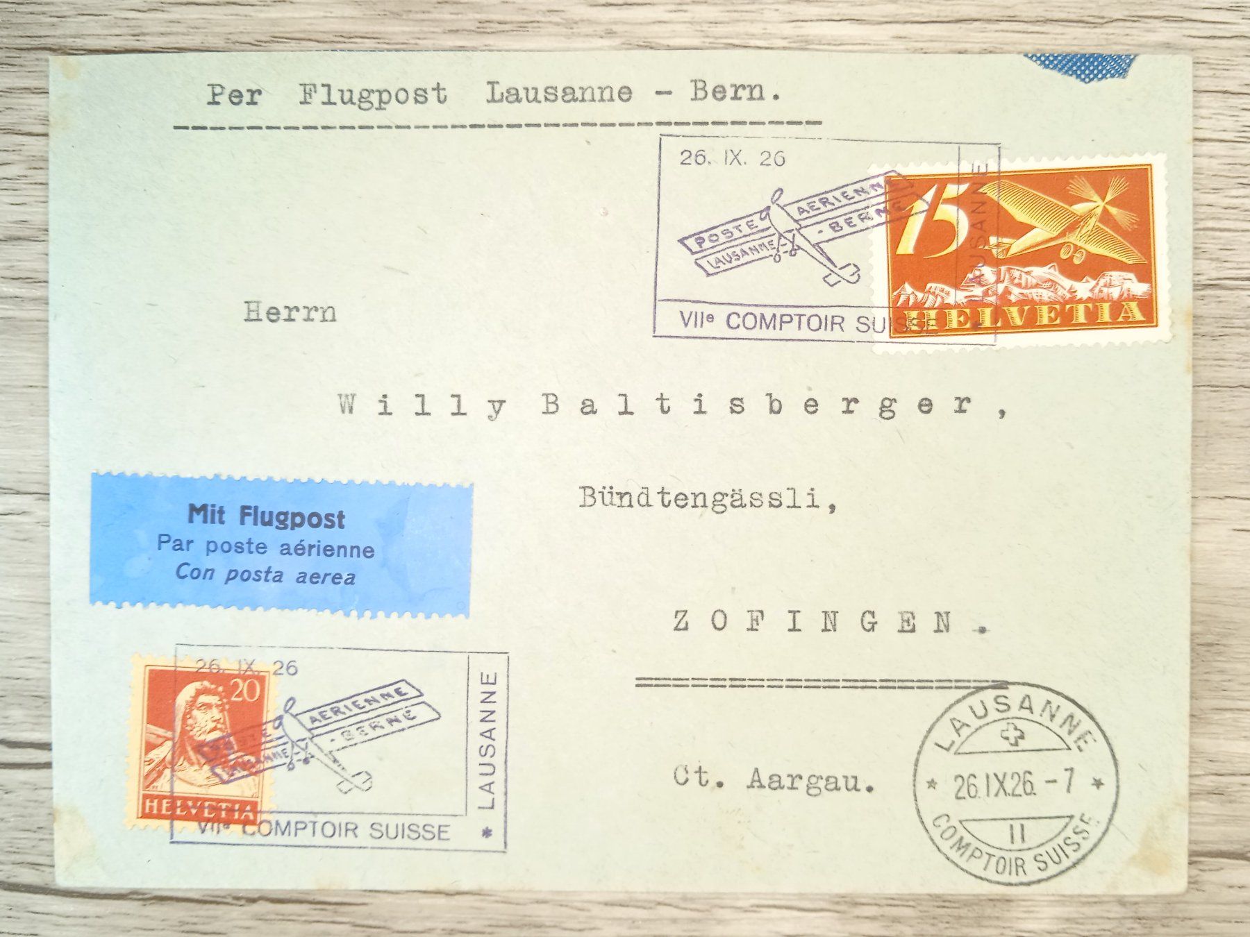 Tutti i francobolli: TR65 Enveloppe + Timbre Suisse 1926 – Usato da Cousset venduto da Patrick_Collections