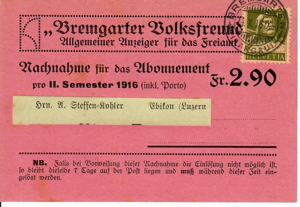 Tutti i francobolli: PK, Bremgarter Volkfreund 1916 – Usato da Hochdorf venduto da Ziegel-16