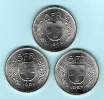 1967 Lot 3x 5 Franken Silber unz.-stgl (15921)