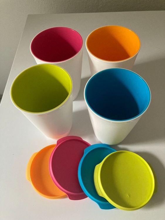 Lot De 4 Mugs Tupperware Allegra Illumina – Blanc Et Violet – Avec Couvercles Et Cuillères
