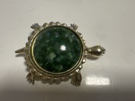 Süße Vintage Schildkröten Brosche Goldfarben Cabochon Grün 1