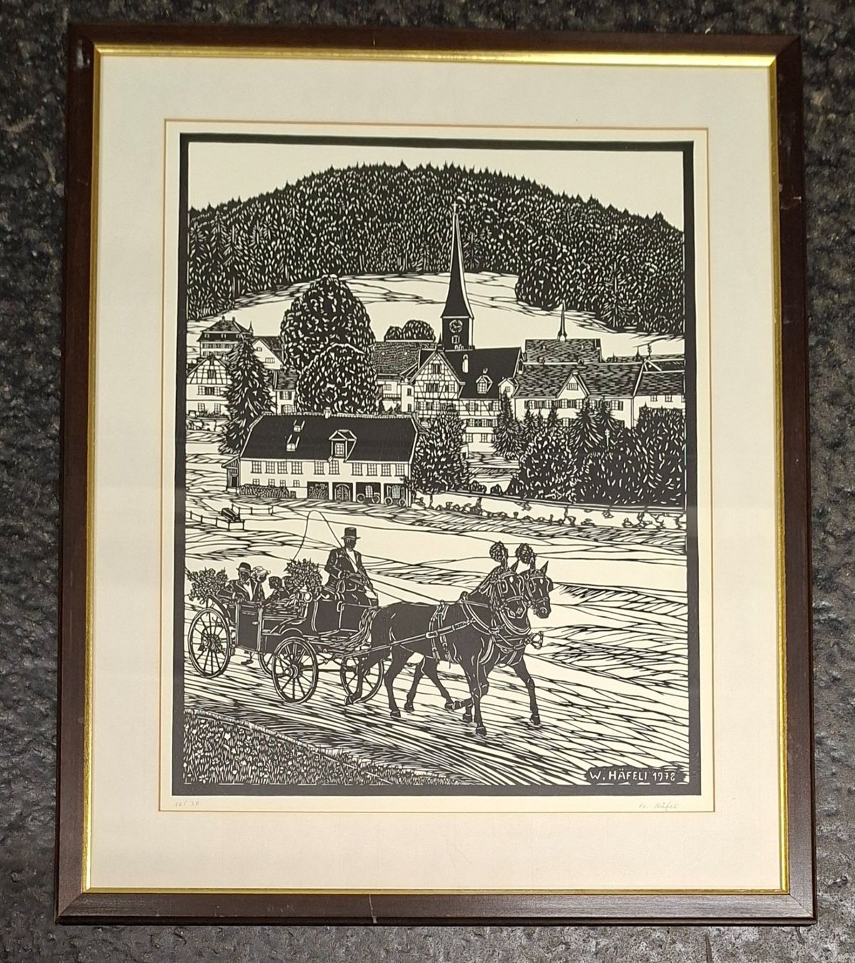 Grafica & Litografie: Häfeli Werner, Scherenschnitt-Litho, Hochzeit Kutsche Pferd – Usato da St. Gallen venduto da BlauesKreuzSG-App