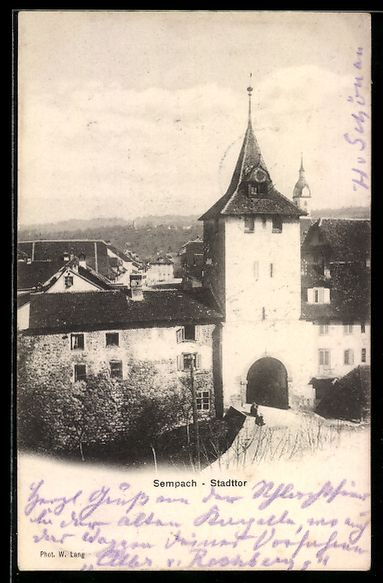 Cartoline postali: AK Sempach, Stadttor aus der Vogelschau – Usato da Berlin venduto da bartko-reher