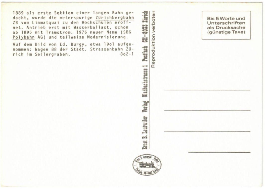 Ansichtskarten: Zürich - Standseilbahn Polytechnikum Repro – Gebraucht aus Binningen von Mountainrider 1
