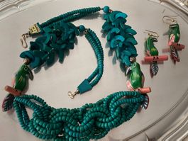 Parure collier et boucles d'oreilles perroquet en bois tu...
