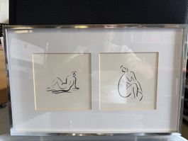 Original F. Marteau Zeichnung, Doppelbild mit Rahmen.