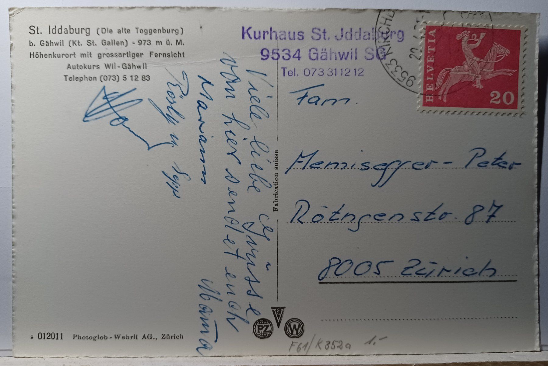 Cartoline postali: No.s 012011,  St. Iddaburg, Gähwil, 1971 – Usato da Aarau Rohr venduto da mgvw 1
