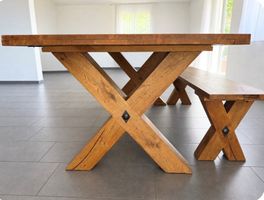 Esstisch und Bank, Eiche Massiv mit X-Fuss Design