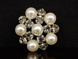 Vintage Brosche Modeschmuck Silber Strass Perle  70er 80er
