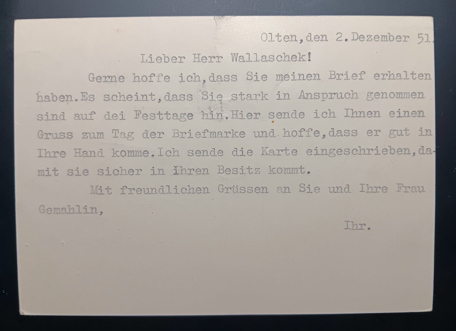 Tutti i francobolli: TAG DER BRIEFMARKE 1951 EINGESCHRIEBEN – Usato da Holderbank AG venduto da DINOS-PHILA 1