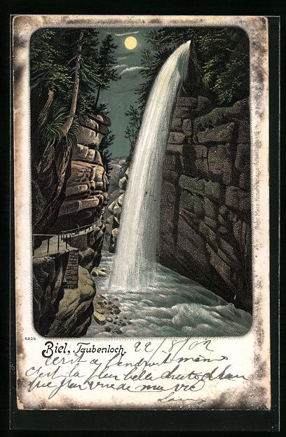 Cartoline postali: Mondschein-Lithographie Biel, Taubenloch – Usato da Berlin venduto da bartko-reher