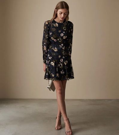 Kleid REISS navy floral long sleeve mini dress