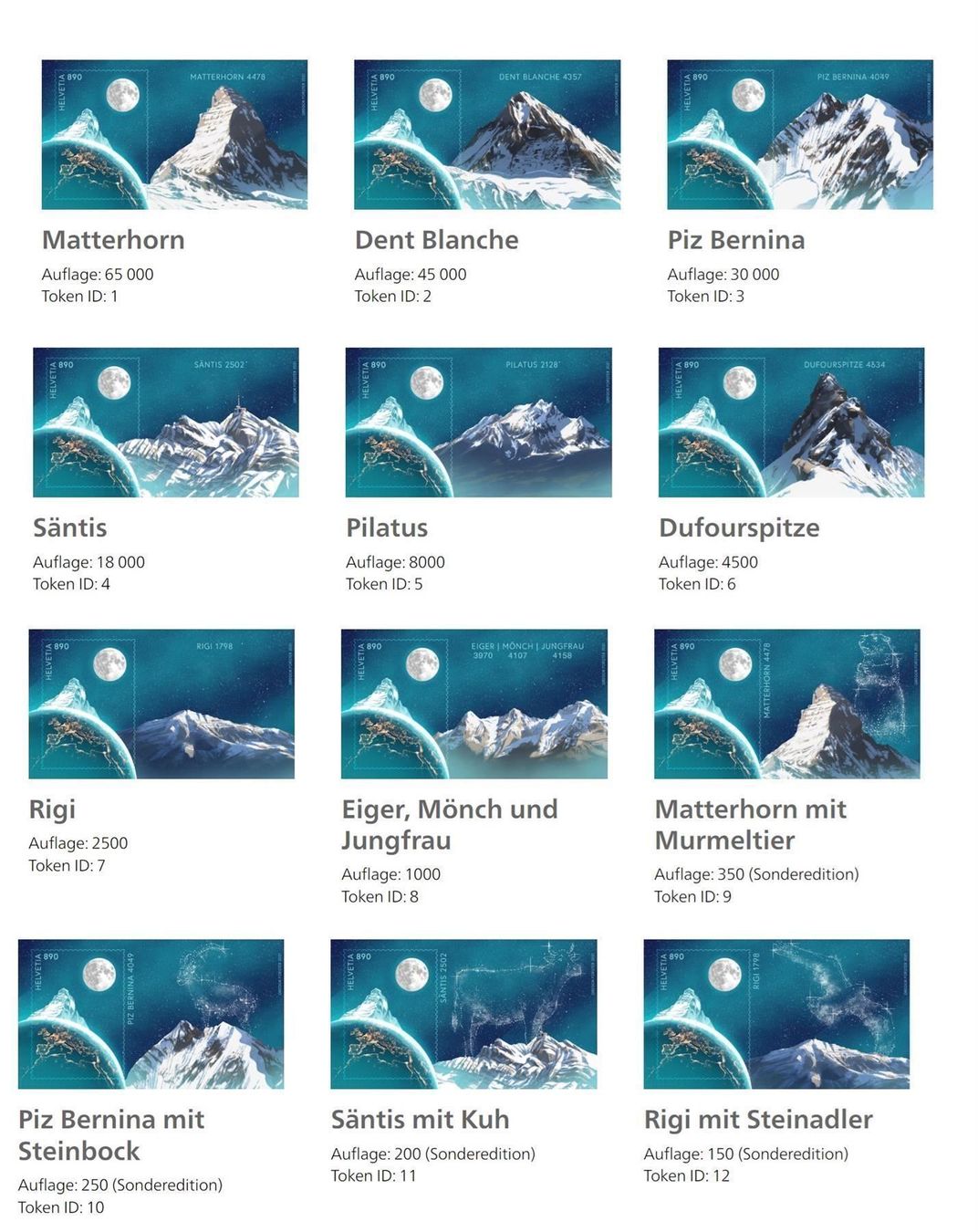 Tutti i francobolli: Swiss Crypto Stamps ID:1-12 – Nuovo (secondo la descrizione) da Baar venduto da CryptoShop