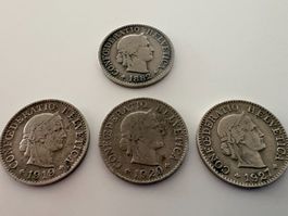 4x antike 5 Rp. Münzen Jg. 1882, 1919, 1920, 1927