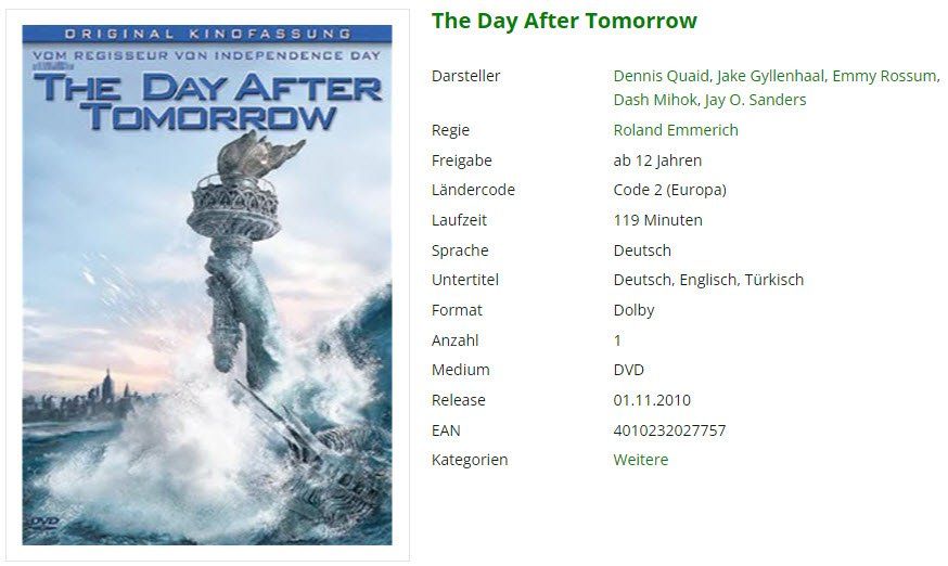 Tutti i DVDs: The Day After Tomorrow (DVD) – Usato da Buchrain venduto da Sssschaller