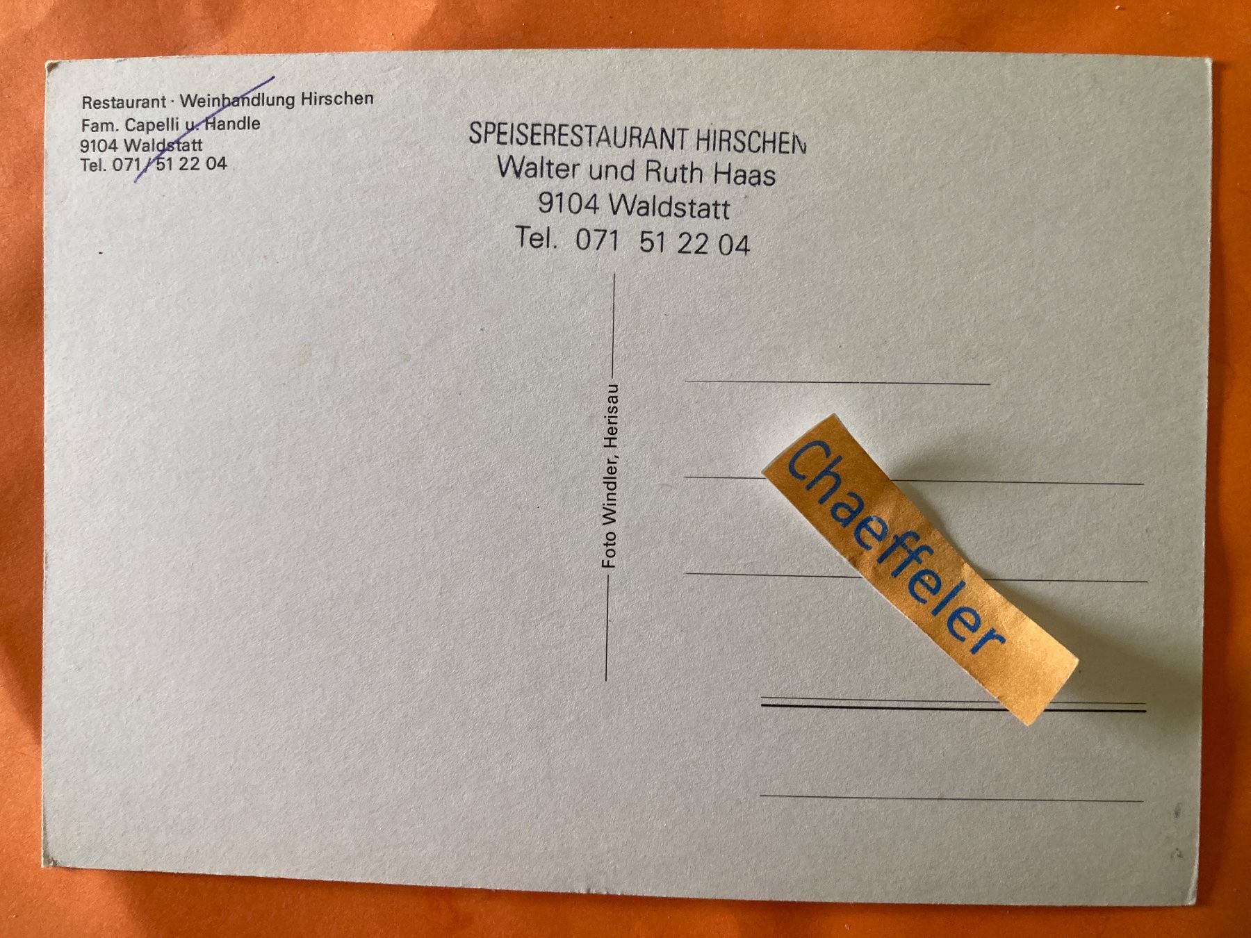 Ansichtskarten: Speiserestaurant Hirschen, Waldstatt – Gebraucht aus Zürich von Chaeffeler 1
