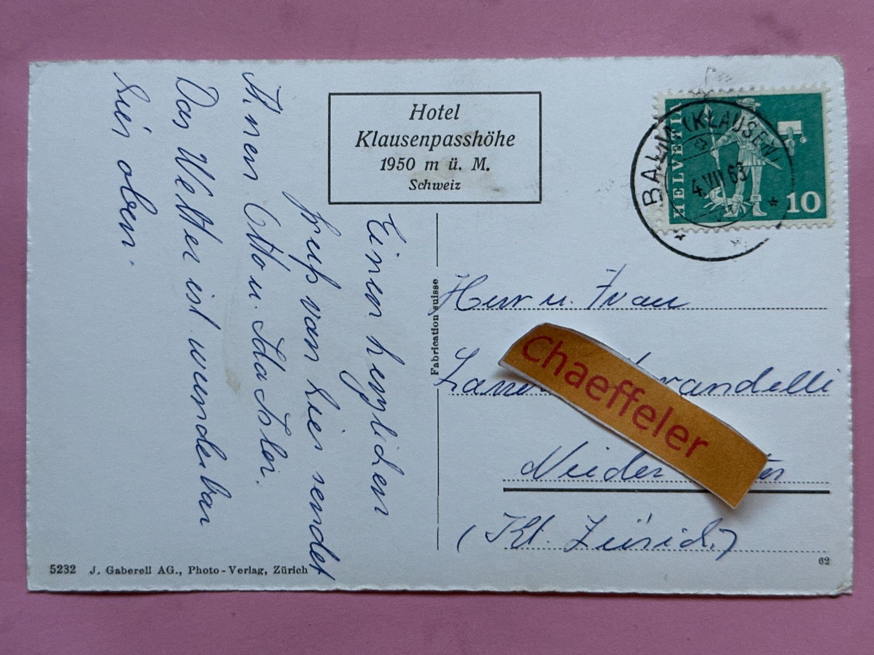 Cartoline postali: 1963 Scheerhorn v. Klausenpass aus. – Usato da Zürich venduto da Chaeffeler 1