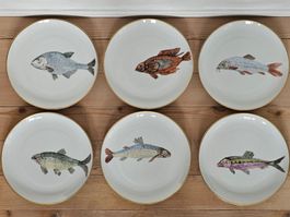 6 Fischteller Goldrand handbemalt Unikat Arzberg Vintage